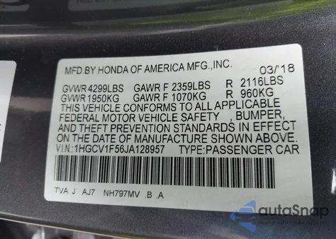 2018 Honda Accord Ex-L из США, поврежденный, VIN 1HGCV1F56JA128957